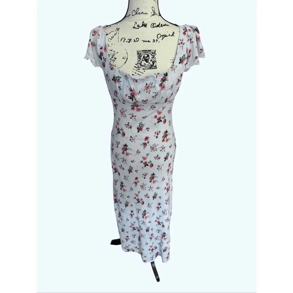 NWT Wild Fable Floral Maxi Dress Light Blue Salmon Roses Open Back Lace Trim XS
